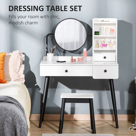 HOMCOM Dressing Table Set with Mirror and Stool, Vanity Makeup Table with 3 Drawers and Open Shelves for Bedroom, Living Room, White