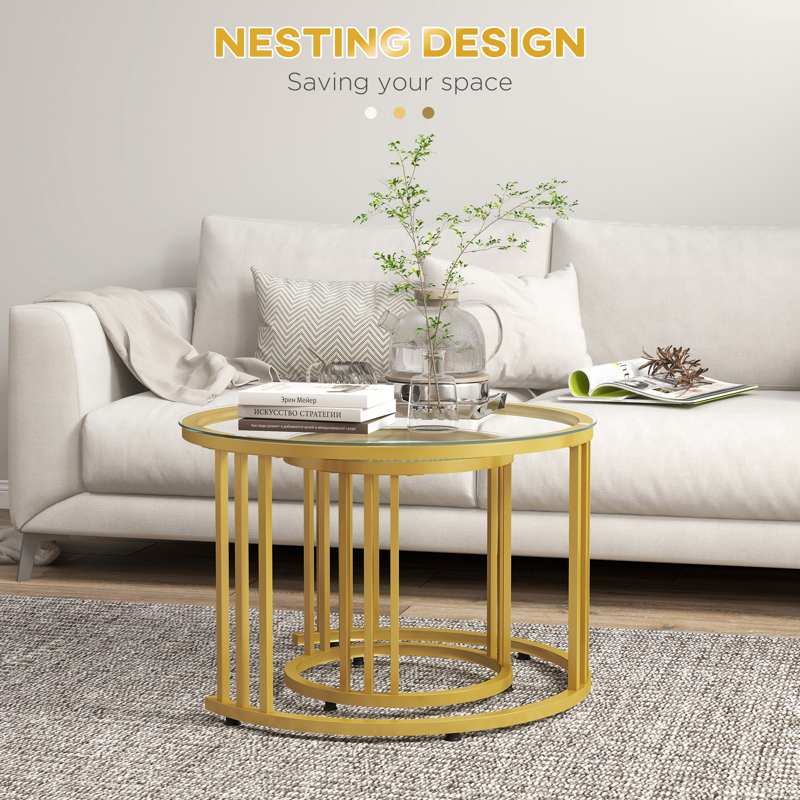 HOMCOM Round Coffee Tables Set of 2, Nesting Tables with Tempered Glass Top and Steel Frame, 60cmx60cmx47cm, Gold Tone