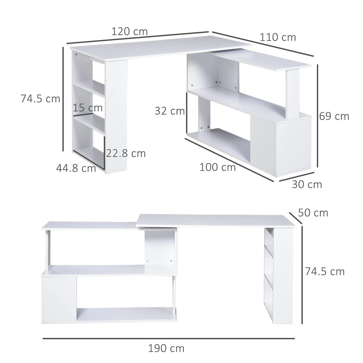 HOMCOM Corner Computer Desk, L Shaped Desk with 360 Rotating Bookshelf, 120L x 110W x 74.5H cm, White