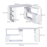 HOMCOM Corner Computer Desk, L Shaped Desk with 360 Rotating Bookshelf, 120L x 110W x 74.5H cm, White