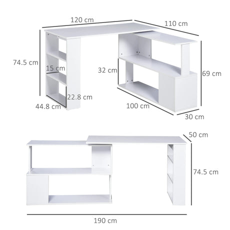 HOMCOM Corner Computer Desk, L Shaped Desk with 360 Rotating Bookshelf, 120L x 110W x 74.5H cm, White