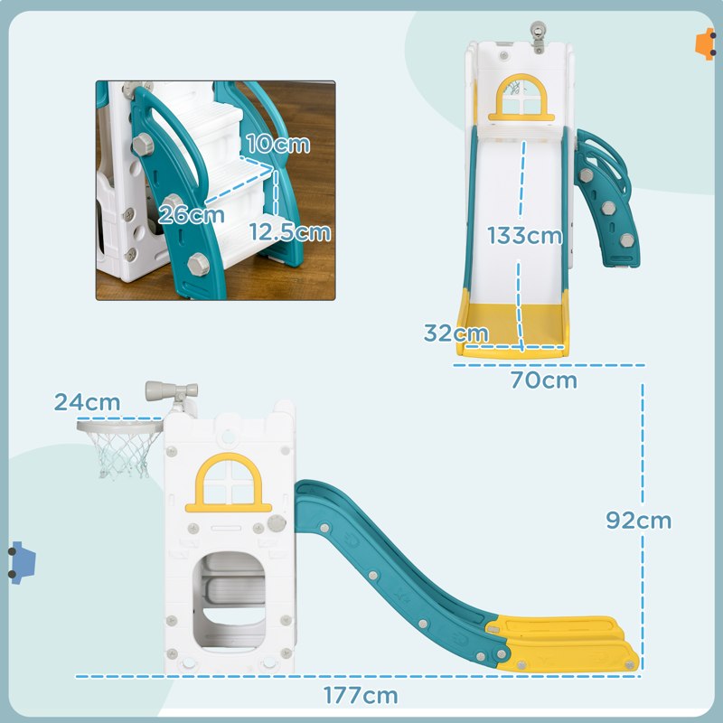 AIYAPLAY 4 in 1 Toddler Slide with Basketball Hoop, Climber, Telescope, Storage Basket, for Ages 1-3 Years, Yellow