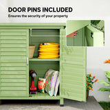 Outsunny Garden Shed Wooden Garden Storage Shed 2 Door Unit Solid Fir Wood Garage Tool Organisation Cabinet, 87L x 46.5W x 96.5Hcm, Green