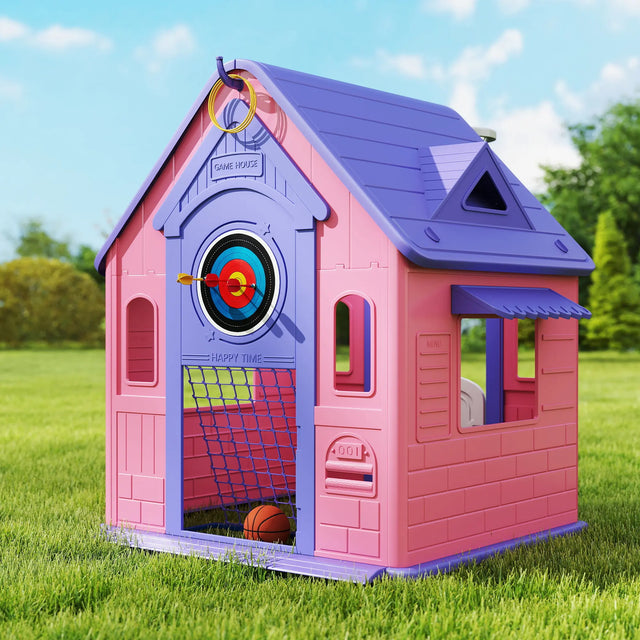 AIYAPLAY 5-in-1 Playhouse for Kids Outdoor Indoor with Basketball Hoop, Football Goal, Dartboard, Ring Toss for 2-5 Years, Pink