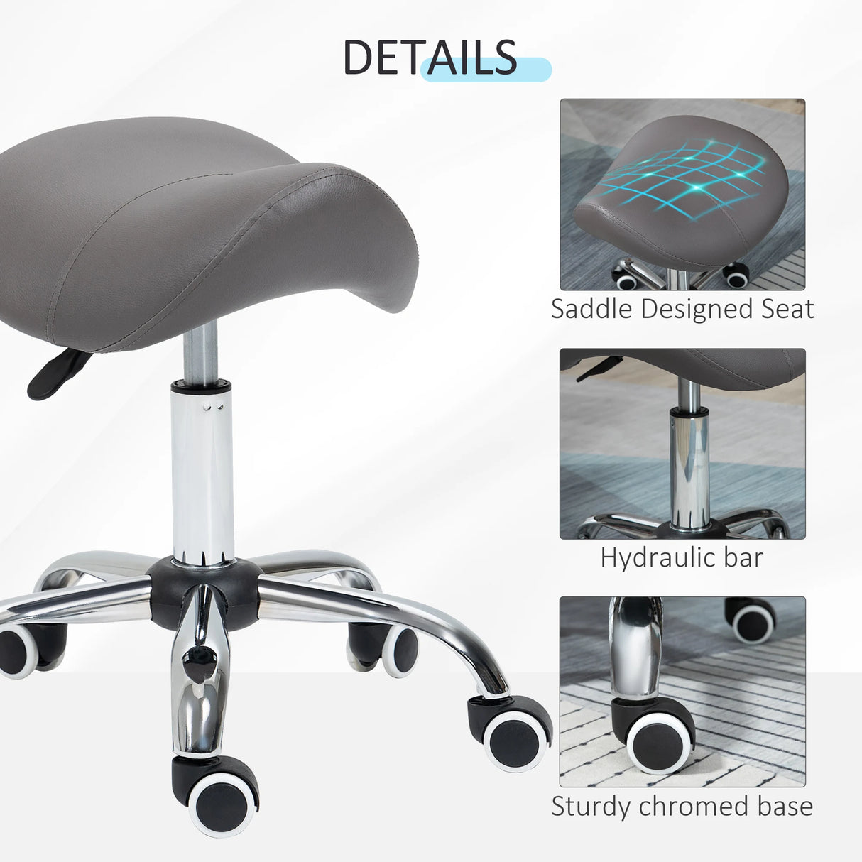 HOMCOM Cosmetic Stool 360 Rotate Height Adjustable Salon Massage Spa Chair Hydraulic Rolling Faux Leather Saddle Stool, Grey