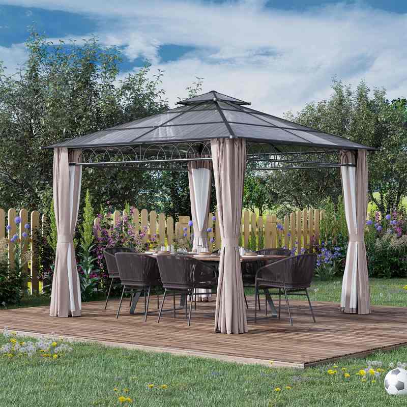 Outsunny 3 x 3 (m) Outdoor Polycarbonate Gazebo, Double Roof Hard Top Gazebo with Galvanised Steel Frame, Nettings & Curtains for Garden, Lawn, Patio and Deck, Khaki