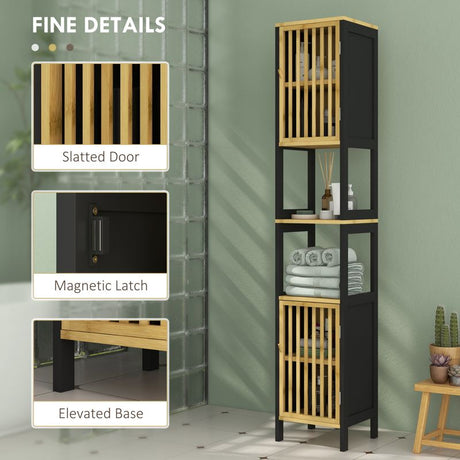 HOMCOM Bamboo-Blend Retro Cut-Out Tall Bathroom Storage Unit