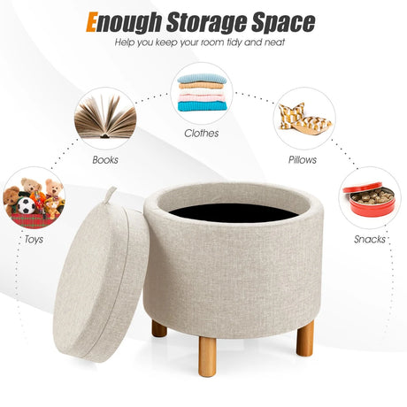Modern Round Padded Storage Ottoman with Hidden Storage Space-Beige