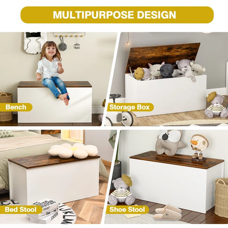 Wooden Toy Box with Bench Seat & Hinged Lid for Kids
