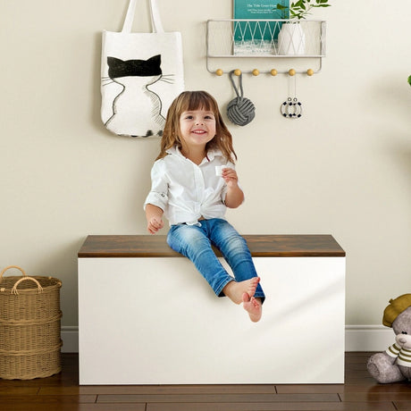 Wooden Toy Box with Bench Seat & Hinged Lid for Kids
