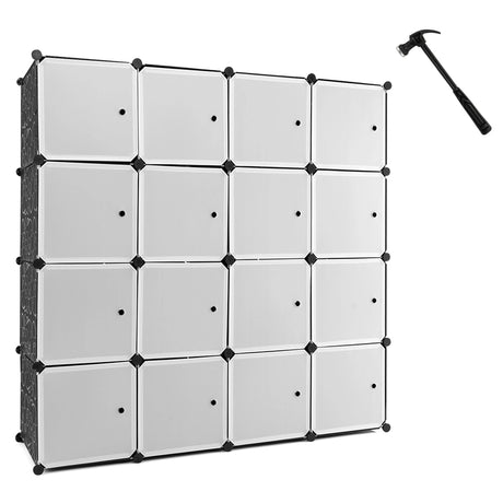 16-Cube Storage Organizer with 16 Doors & 2 Hanging Rods for Clothes