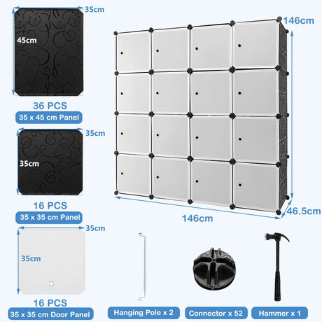 16-Cube Storage Organizer with 16 Doors & 2 Hanging Rods for Clothes