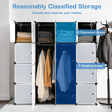 16-Cube Storage Organizer with 16 Doors & 2 Hanging Rods for Clothes