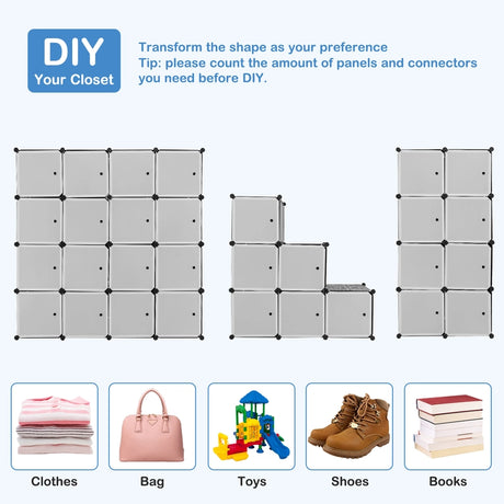16-Cube Storage Organizer with 16 Doors & 2 Hanging Rods for Clothes