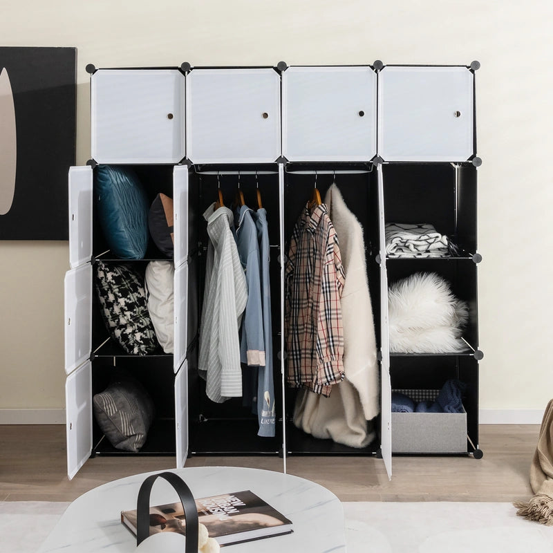 16-Cube Storage Organizer with 16 Doors & 2 Hanging Rods for Clothes