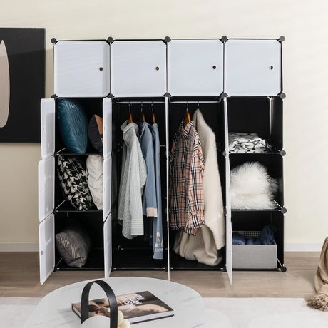 16-Cube Storage Organizer with 16 Doors & 2 Hanging Rods for Clothes