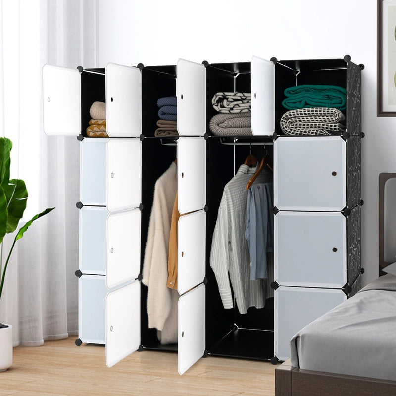 16-Cube Storage Organizer with 16 Doors & 2 Hanging Rods for Clothes