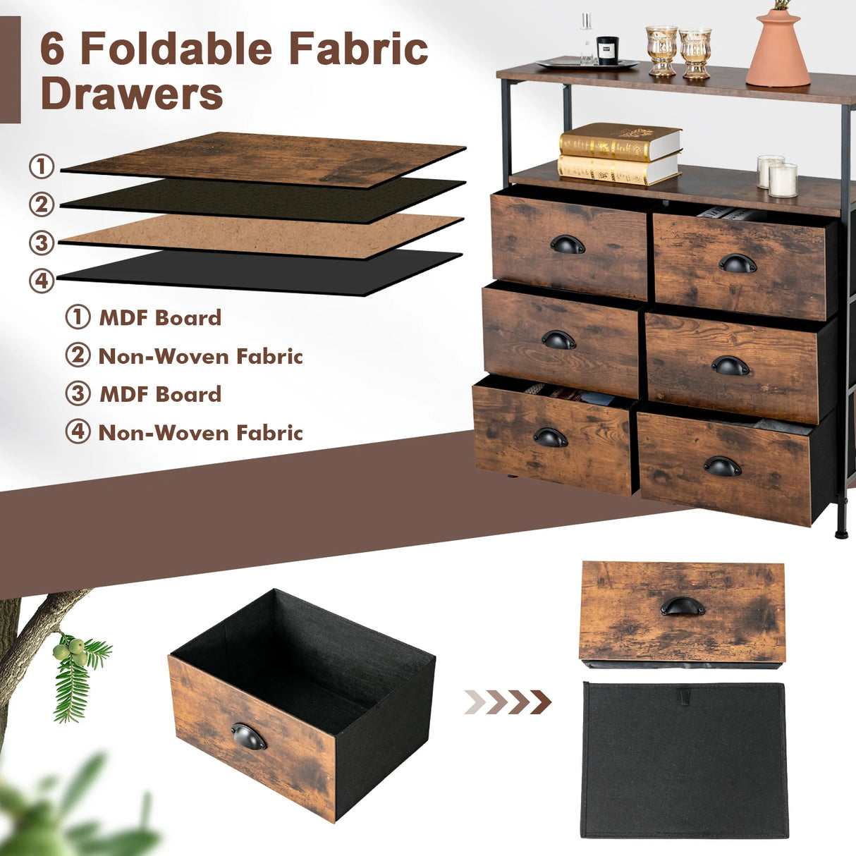 Drawer Dresser with 6 Removable and Foldable Fabric Drawers