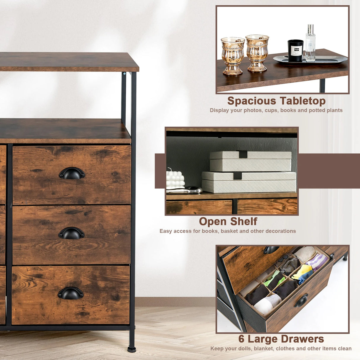 Drawer Dresser with 6 Removable and Foldable Fabric Drawers