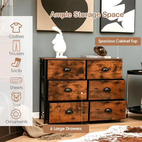 3-Tier Storage Dresser with 6 Drawers & Steel Frame