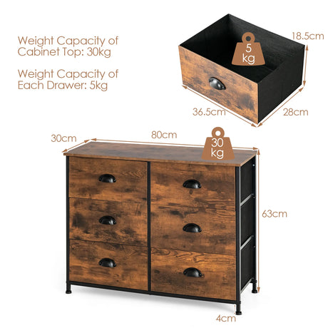 3-Tier Storage Dresser with 6 Drawers & Steel Frame