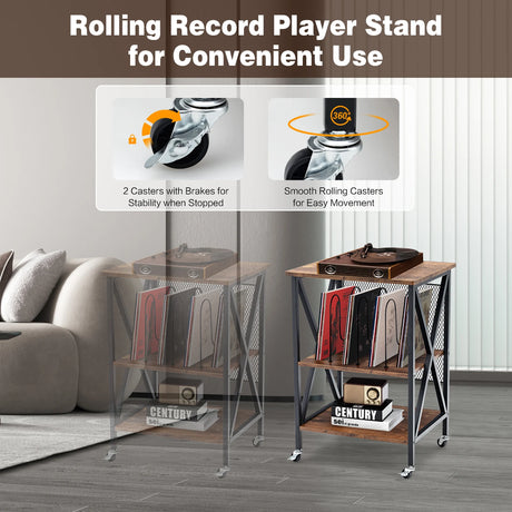 3-tier Rolling Stand with 3 Dividers and Steel Frame for Living Room/Office