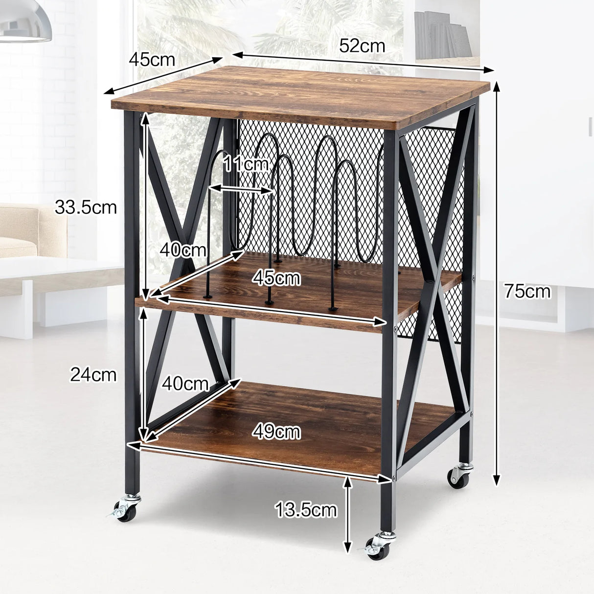 3-tier Rolling Stand with 3 Dividers and Steel Frame for Living Room/Office