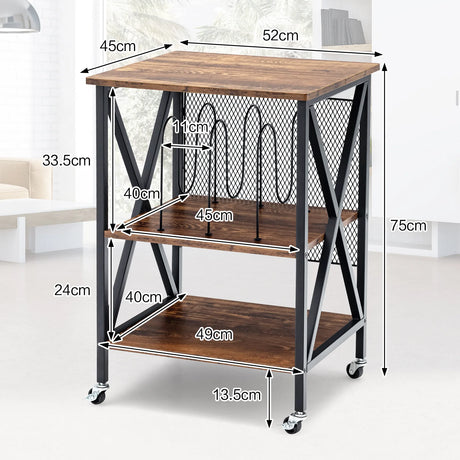 3-tier Rolling Stand with 3 Dividers and Steel Frame for Living Room/Office