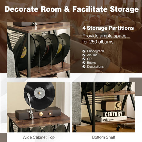 3-tier Rolling Stand with 3 Dividers and Steel Frame for Living Room/Office