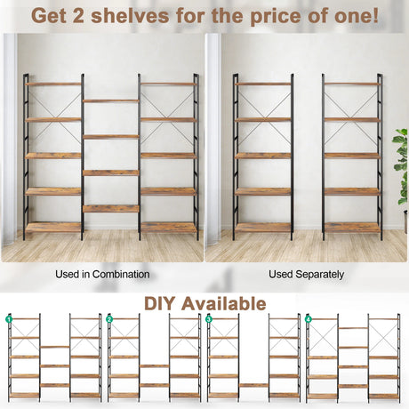 Large Triple Wide Floor Standing Bookcase Display Shelf with Metal Frame-Rustic Brown
