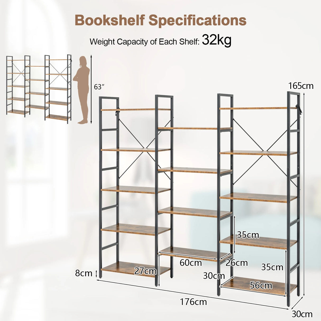 Large Triple Wide Floor Standing Bookcase Display Shelf with Metal Frame-Rustic Brown