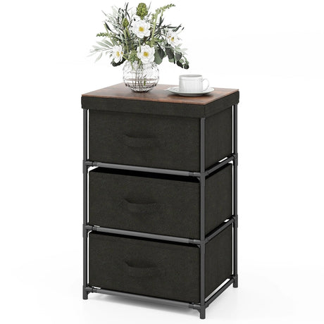 3-Tier Fabric Nightstand with Sturdy Metal Frame-Black