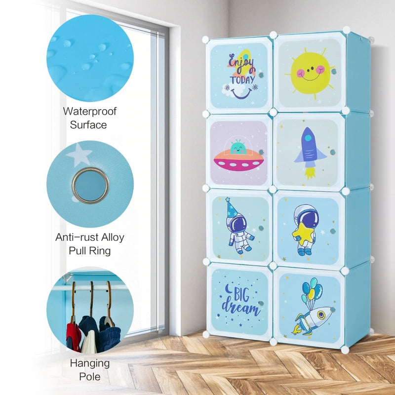 8-cube Baby Closet Organizer with Doors and Hanging Section-Blue