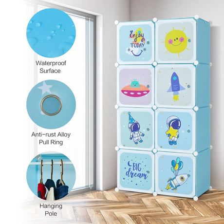 8-cube Baby Closet Organizer with Doors and Hanging Section-Blue