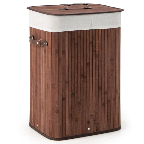 Rectangle Bamboo Hamper Laundry Basket Washing Cloth Bin Storage Bag Lid-Brown