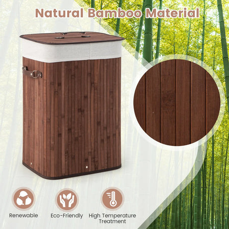 Rectangle Bamboo Hamper Laundry Basket Washing Cloth Bin Storage Bag Lid-Brown