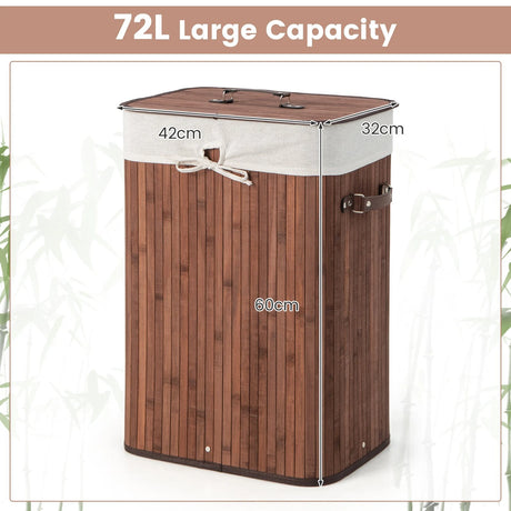 Rectangle Bamboo Hamper Laundry Basket Washing Cloth Bin Storage Bag Lid-Brown