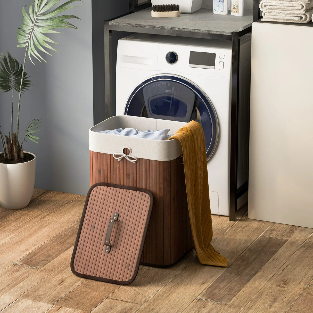 Rectangle Bamboo Hamper Laundry Basket Washing Cloth Bin Storage Bag Lid-Brown