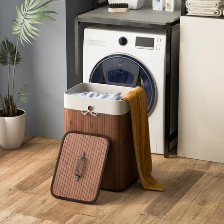 Rectangle Bamboo Hamper Laundry Basket Washing Cloth Bin Storage Bag Lid-Brown