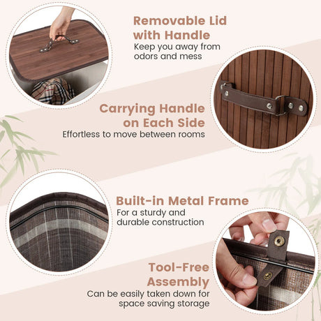 Rectangle Bamboo Hamper Laundry Basket Washing Cloth Bin Storage Bag Lid-Brown
