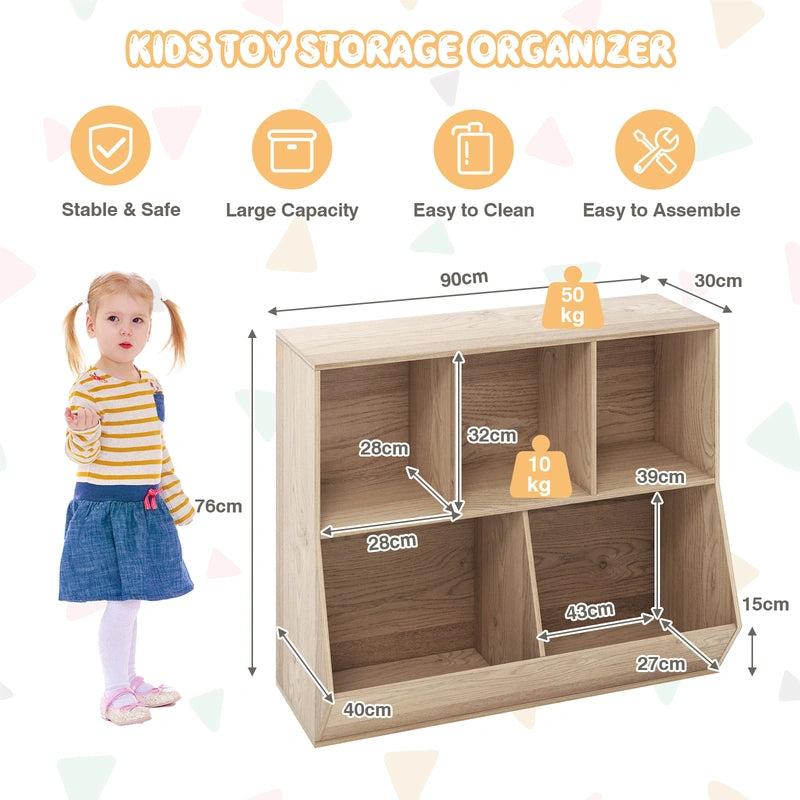 5-Cube Wooden Kids Toy Storage Organizer with Anti-Tipping Kits-Natural