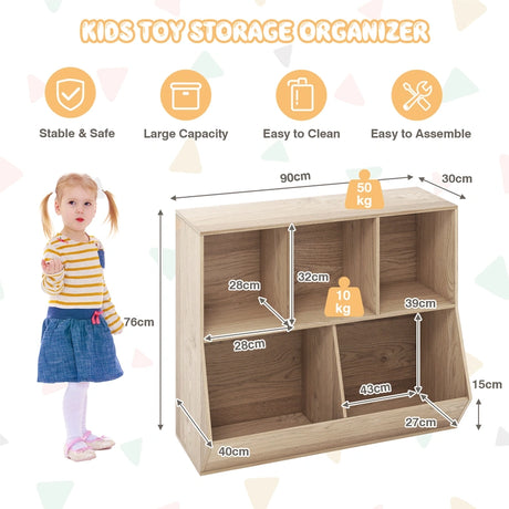 5-Cube Wooden Kids Toy Storage Organizer with Anti-Tipping Kits-Natural
