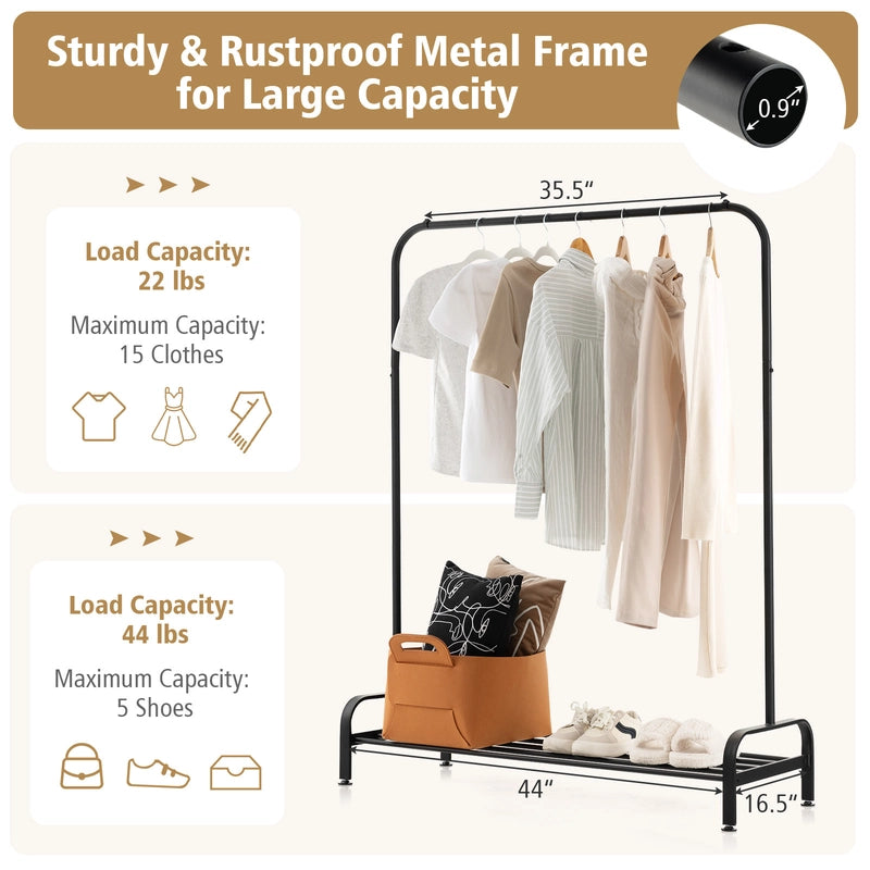 Metal Clothes Stand Rack with Top Rod and Lower Storage Shelf-Black