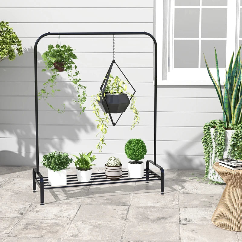 Metal Clothes Stand Rack with Top Rod and Lower Storage Shelf-Black