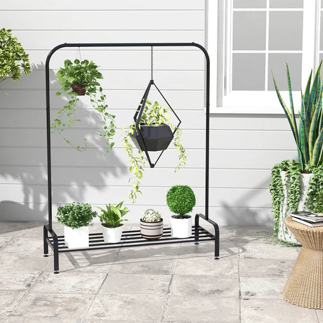 Metal Clothes Stand Rack with Top Rod and Lower Storage Shelf-Black