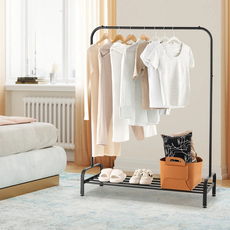 Metal Clothes Stand Rack with Top Rod and Lower Storage Shelf-Black