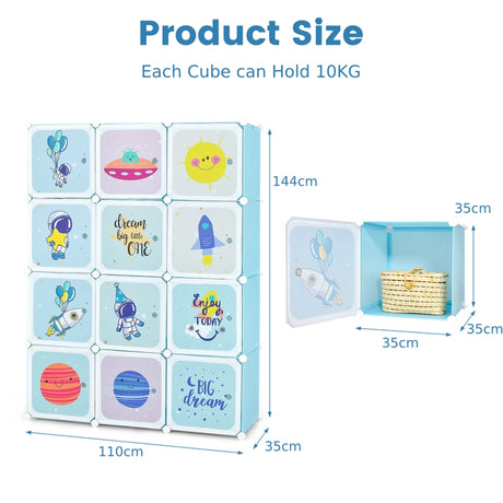 Portable Children Wardrobe with 12 Cubes and 2 Clothes Hanging Section-Blue