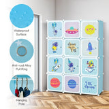 Portable Children Wardrobe with 12 Cubes and 2 Clothes Hanging Section-Blue