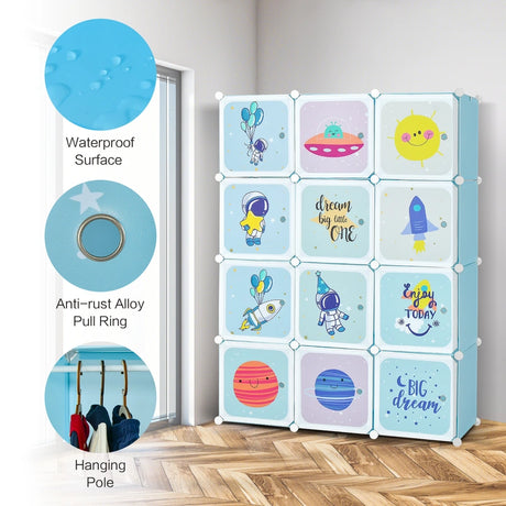 Portable Children Wardrobe with 12 Cubes and 2 Clothes Hanging Section-Blue
