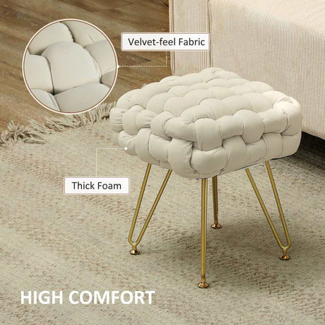 HOMCOM Velvet-Feel Bold Woven Footstool - Cream White